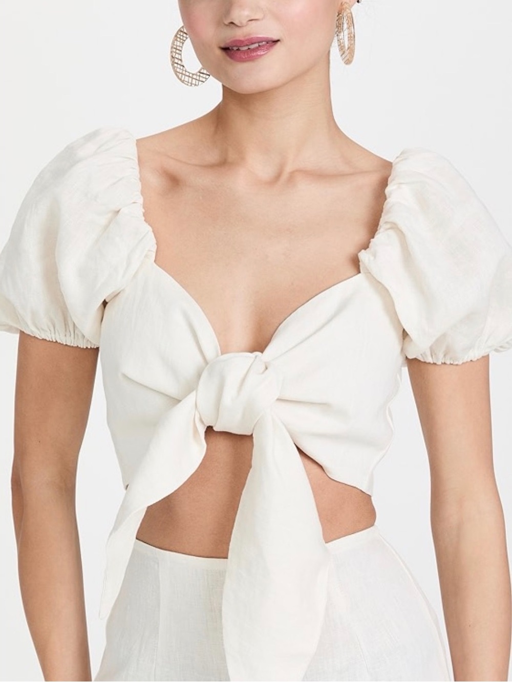 Faithfull The Brand Eva Linen Tie Front Crop Top White Puff Sleeve Size L